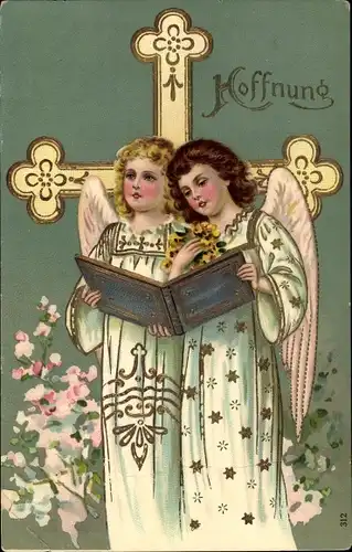 Präge Ak Engel mit Kreuz, Gebet, Hoffnung, Allegorie