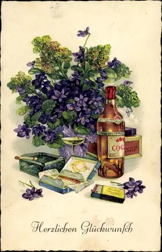 Ak Glückwunsch, Blumenvase, Cognac, Zigaretten, Veilchen