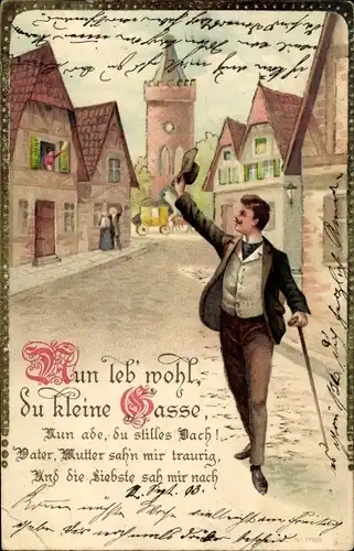 Litho Nun leb wohl, du kleine Gasse, Abschied, Liebe, Stadtpartie, Gehstock