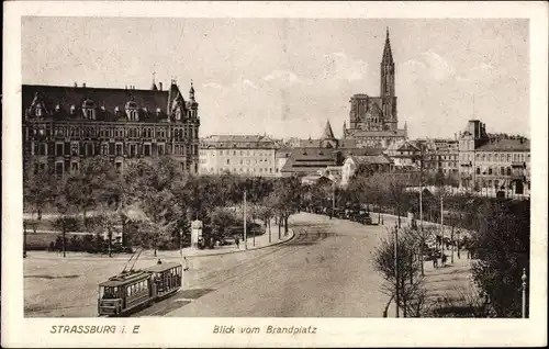 Ak Strasbourg Straßburg Elsass Bas Rhin, Blick vom Brandplatz, Straßenbahn