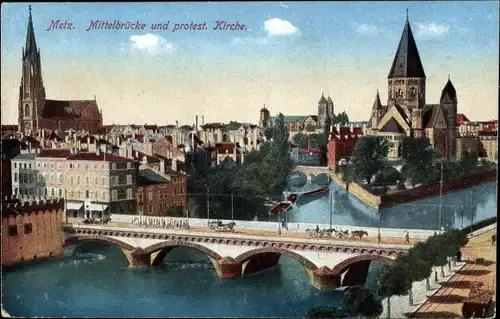 Ak Metz Moselle, Mittelbrücke und protest. Kirche