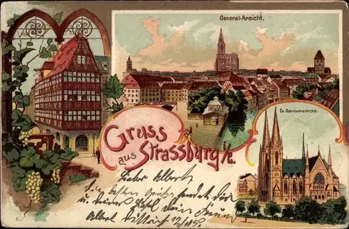 Litho Strasbourg Straßburg Elsass Bas Rhin, Garnisonskirche, Gesamtansicht