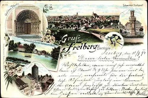 Litho Freiberg in Sachsen, Panorama, Schweden-Denkmal, Kreuzmühle, Goldene Pforte