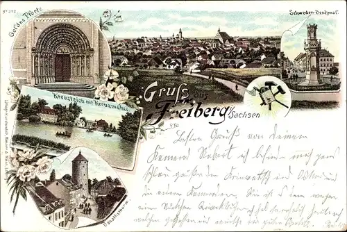 Litho Freiberg in Sachsen, Panorama, Schweden-Denkmal, Kreuzmühle, Goldene Pforte, Donatsturm