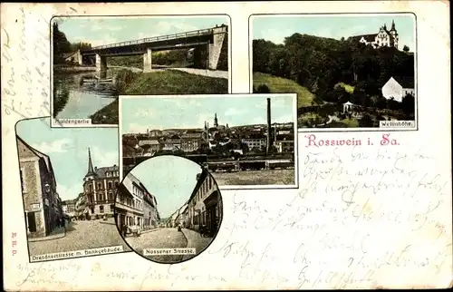 Ak Roßwein in Sachsen, Muldenpartie, Brücke, Wettinhöhe, Dresdner Straße, Bank, Nossener Straße