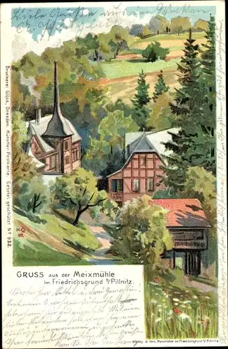 Künstler Litho Dresden Nordost Pillnitz, Meixmühle im Friedrichsgrund