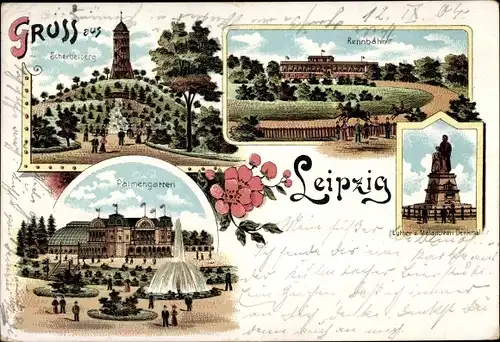 Litho Leipzig in Sachsen, Scherbelberg, Rennbahn, Palmengarten, Luther- und Melanchton-Denkmal