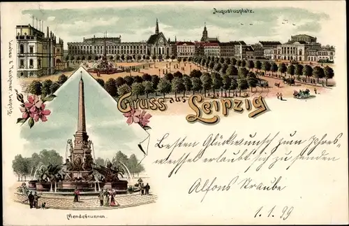 Litho Leipzig in Sachsen, Augustusplatz, Mendebrunnen