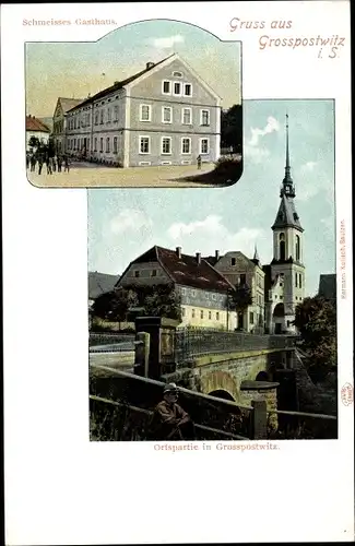 Ak Großpostwitz in Sachsen, Schmeisses Gasthaus, Ortspartie mit Blick zur Kirche, Brücke