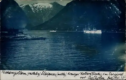 Foto Ak Balholm Norwegen, Deutsche Kriegsschiffe, SMS Hohenzollern, Sleipner, Kolberg