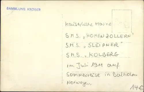 Foto Ak Balholm Norwegen, Deutsche Kriegsschiffe, SMS Hohenzollern, Sleipner, Kolberg