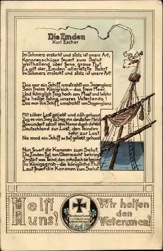 Gedicht Ak Fischer, Karl Escher, Die Emden, Helft uns, wir helfen den Veteranen, Wohlfahrtskarte