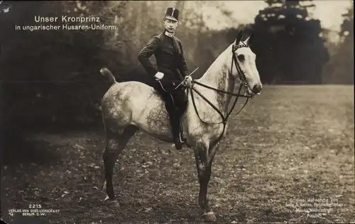 Ak Kronprinz Wilhelm von Preußen, Portrait in ungarischer Husarenuniform, Pferd