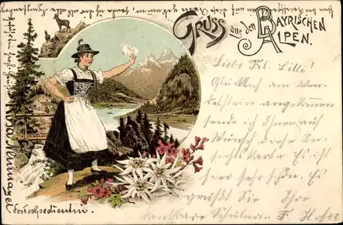 Litho Gruß aus den Bayrischen Alpen, Frau in Tracht, Dirndl, Edelweiß