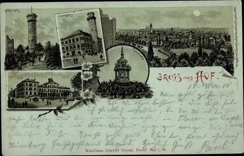 Mondschein Litho Hof an der Saale Oberfranken Bayern, Labyrinth, Rathaus, Post, Thomashöhe