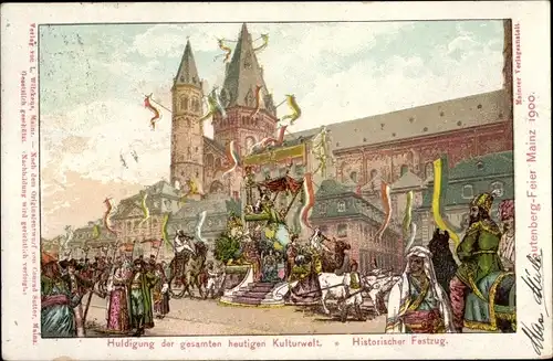 Künstler Litho Sutter, C., Mainz am Rhein, Huldigung der gesamten Kulturwelt, Gutenberg-Feier 1900