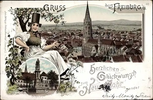 Litho Freiburg im Breisgau, Teilansicht, Münster, Berthold Schwarz Denkmal, Glückwunsch Neujahr