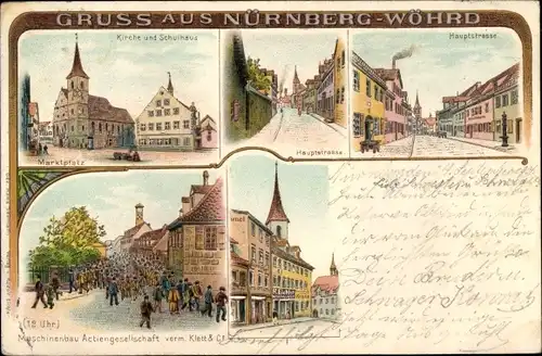 Litho Wöhrd Nürnberg in Mittelfranken, Kirche, Schulhaus, Hauptstraße, Maschinenbau AG