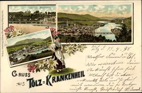 Litho Krankenheil Bad Tölz im Isartal Oberbayern, Iserbrücke und Kalvarienberg, Ortsblick