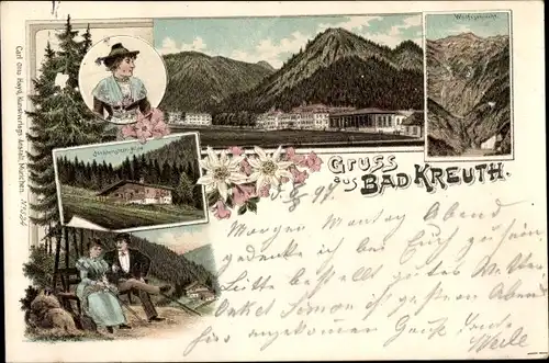 Litho Kreuth am Tegernsee Oberbayern, Panorama, Frau in Tracht, Wandersleut, Wolfsschlucht