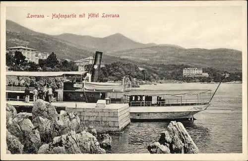 Ak Lovrana Lovran Laurana Kroatien, Hafen, Hotel Lovrana, Dampfer Linie Abbazia Lovrana, kuk Marine