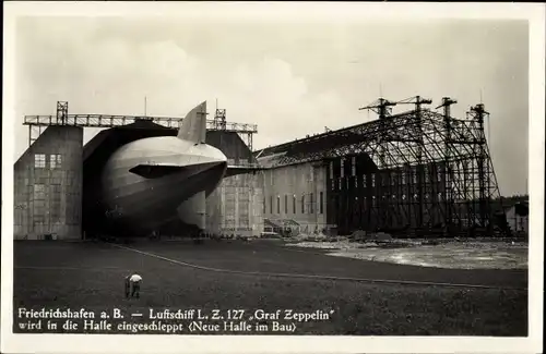 Ak Friedrichshafen am Bodensee, Luftschiff LZ 127 Graf Zeppelin, Luftschiffhalle, Neue Halle im Bau