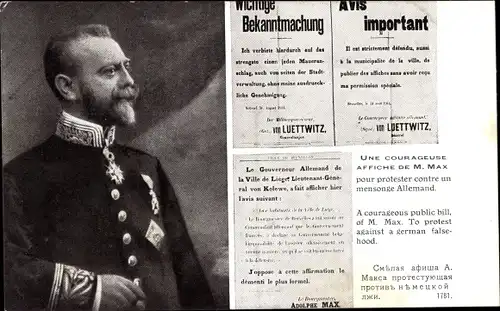 Ak Adolphe Max, Bürgermeister von Brüssel, Portrait in Uniform, Protestschrift