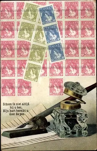 Briefmarken Ak Niederländische Briefmarken, Tintenfass, Schreibfeder