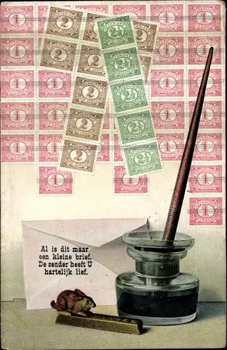 Briefmarken Ak Niederländische Briefmarken, Tintenfass, Schreibfeder