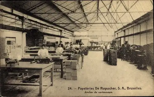 Ak Bruxelles Brüssel, Papeteries De Ruysscher, Atelier de cartonnage, Papierfabrik, Halle
