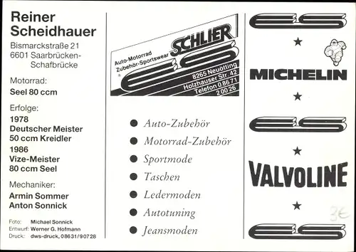 Ak Motorrennsport, Rennfahrer Reiner Scheidhauer, Motorrad Seel 80 ccm, Autogramm