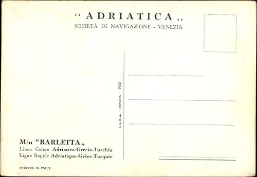 Künstler Ak MN Barletta, Adriatica Societa di Navigazione, Linea Celera Adriatico Grecia Turchia