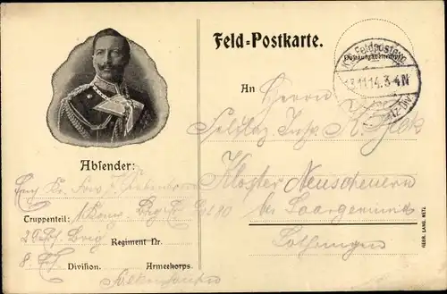 Ak Kaiser Wilhelm II., Feldpostkarte 1. WK