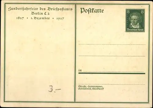 Ganzsachen Ak Berliner Briefträger um 1827, Hundertjahrfeier Postamt Berlin C2 1927