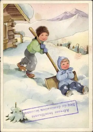 Künstler Ak Kinder mit Schneeschieber, Hütte im Gebirge