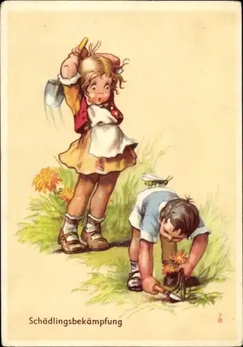 Künstler Ak Schädlingsbekämpfung, Mädchen will Insekt auf dem Rücken eines Jungen erschlagen