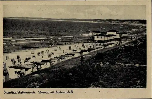 Ak Ustka Stolpmünde Pommern, Strand mit Badeanstalt