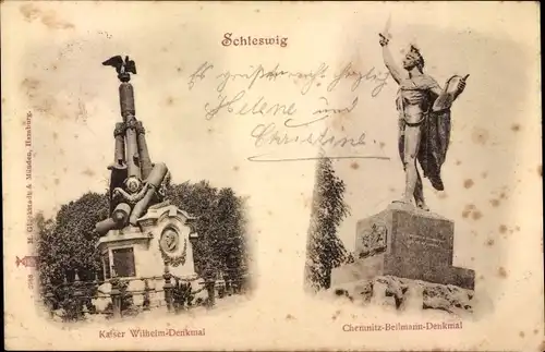 Ak Schleswig an der Schlei, Kaiser Wilhelm Denkmal, Chemnitz Bellmann Denkmal