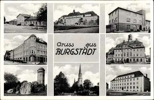 Ak Burgstädt in Sachsen, Bahnhof, Schule, Postamt, Rathaus, Finanzamt, Kirche, Stadtbank