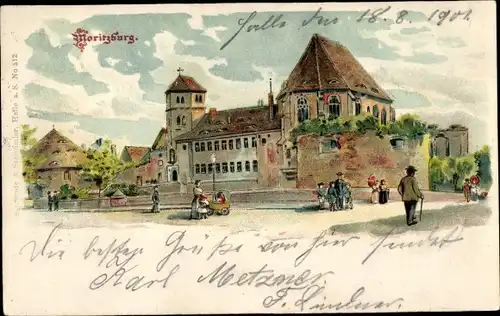 Litho Halle an der Saale, Moritzburg, Passanten