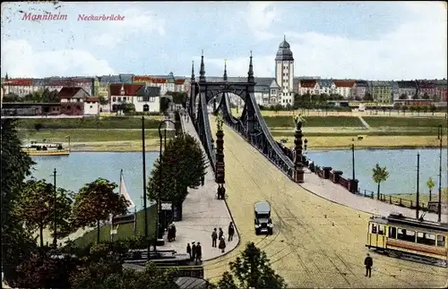 Ak Mannheim Baden, Neckarbrücke, Straßenbahn