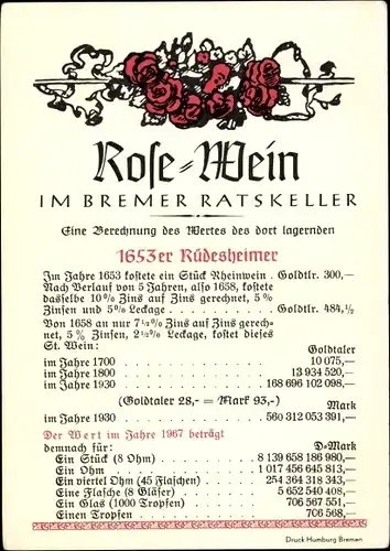 Künstler Ak Hansestadt Bremen, Rose Wein, Ratskeller, Berechnung des Wertes
