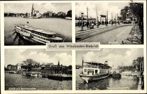 Ak Biebrich am Rhein Wiesbaden, Schloss und Rheinterrassen, Rheinufer, Dampfer Anlegestelle
