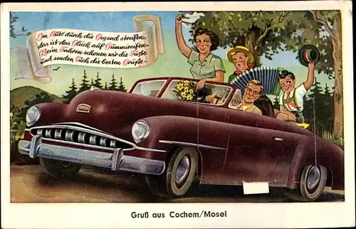 Leporello Ak Cochem an der Mosel, reisende Familie in Cabriolet, Akkordeon, Gedicht