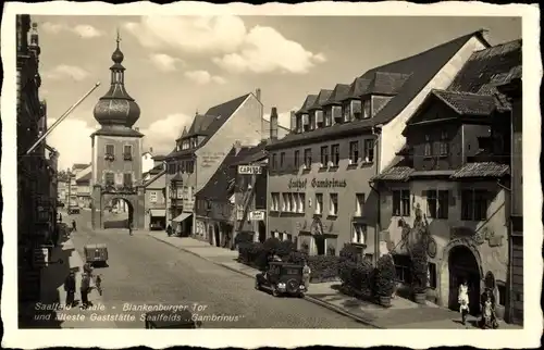 Ak Saalfeld an der Saale Thüringen, Blankenburger Tor, Älteste Gaststätte Saalfelds Gambrinus