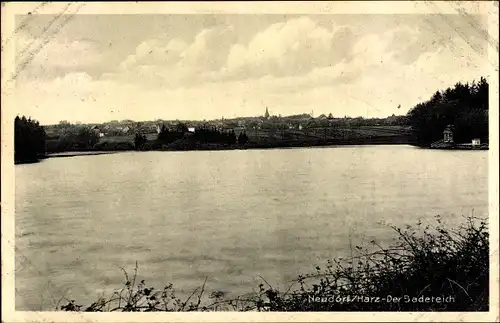 Ak Neudorf Harzgerode am Harz, Der Badeteich, Kirchturm im Hintergund
