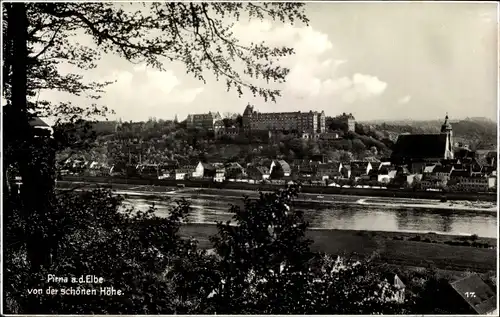Ak Pirna an der Elbe, Panorama von der schönen Höhe, Kirche