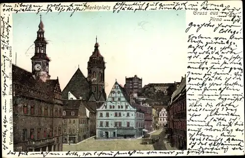 Leuchtfenster Ak Pirna an der Elbe, Marktplatz, Rathaus, Kirche