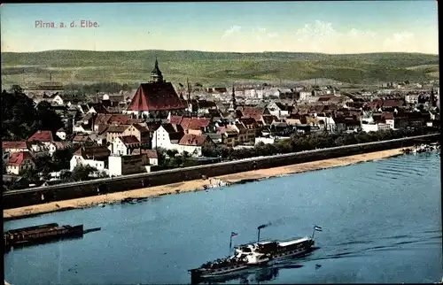 Ak Pirna in Sachsen, Blick auf den Ort aus der Vogelschau, Partie mit der Fähre