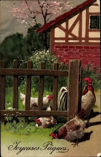 Präge Ak Glückwunsch Ostern, Hühner, Zaun, Wohnhaus